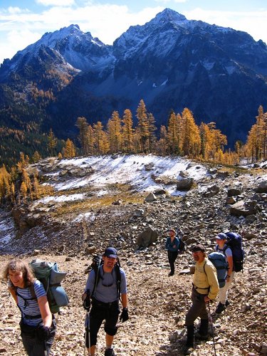 Now the group is crossing a talus field on the way from the meadow to Borealis Pass.
